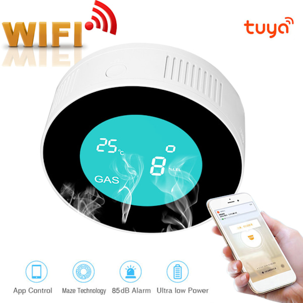 LCD-skærm WIFI Brændbar Gaslækagedetektor Smart Alarm Sensor til Tuya 100-240VEU Stikkontakt