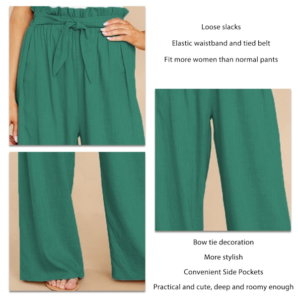 Løse bukser Vilde ben Høj talje elastisk taljebånd Sidelomme Flowy Slacks Bindende bælte Alsidig til kvinder Grøn L