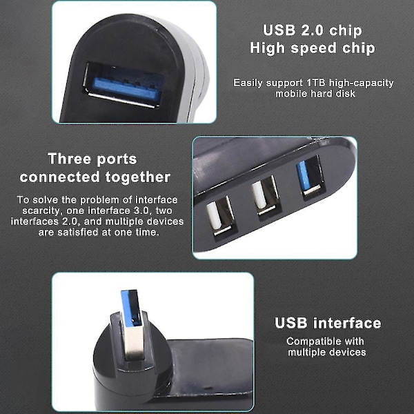 Svart plast 3-portars USB 3.0-hubb för bärbara datorer - Dockingstation Extender