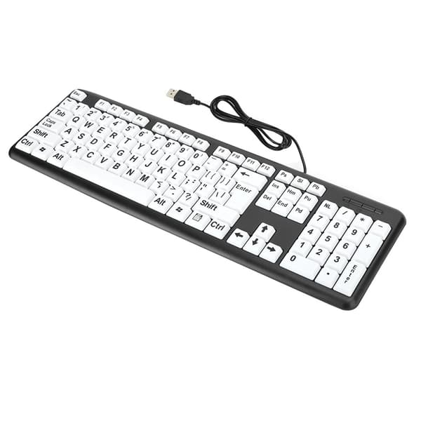 Sort Low Vision-tastatur USB-kablet ældretastatur med hvide store printknapper Sort