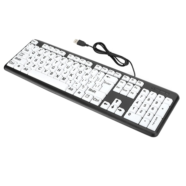 Svart Low Vision-tastatur USB-trådbundet eldretastatur med hvite stortrykksknapper Svart