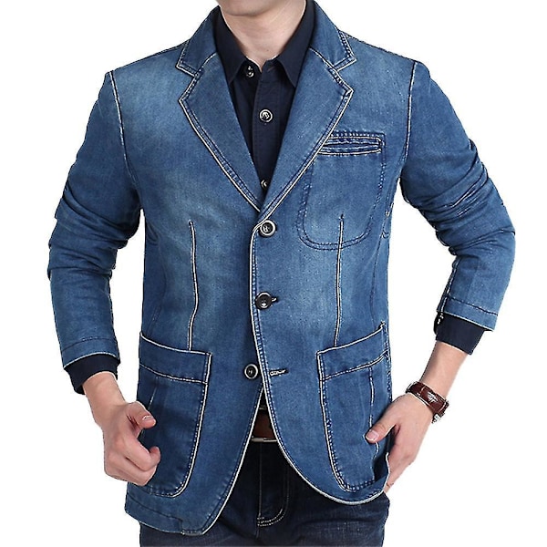 Herr Casual Denim Blazer Jacka med Flera Ficka, Hackad Krage - Ljusblå 3XL