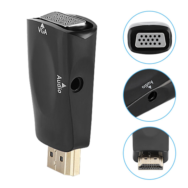 HD 1080P HDMI hona till VGA hona omvandlaradapter med 3,5 mm ljudutgångskabel svart