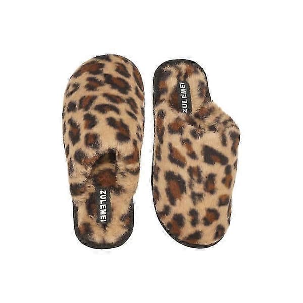 Leopardmönstrade päls tofflor hemma inomhus varma plysch bomull tofflor brown 36-37