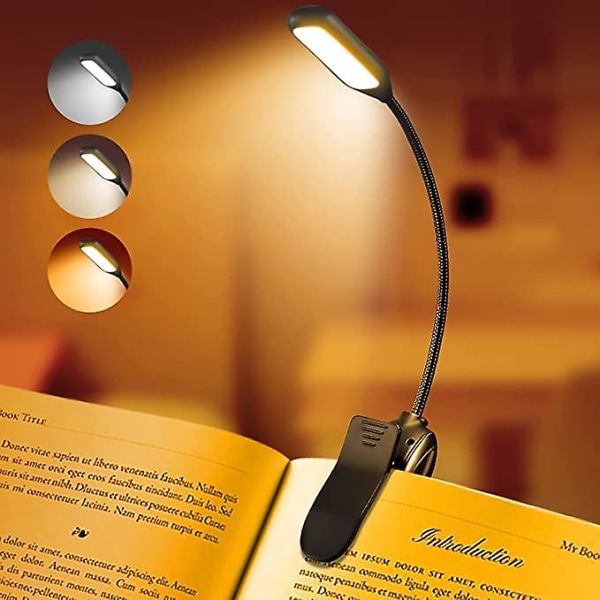 Genopladelig boglæselyslampe, led boglys til læsning i sengen - øjenpleje Justerbar lysstyrke 3 farvetemperaturer 20+ timers driftstid, usb