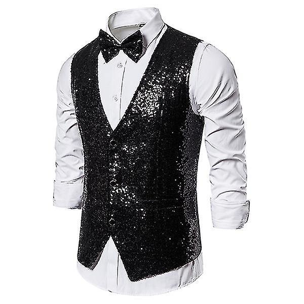 Glansful Sort Sequin V-hals Festkjole XL til Mænd
