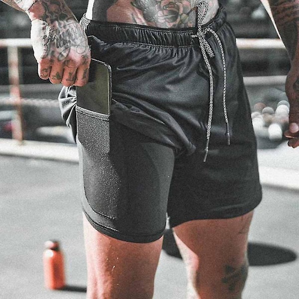 Mænds Hurtigtørrende Dobbeltlags Fitness Shorts - Sort