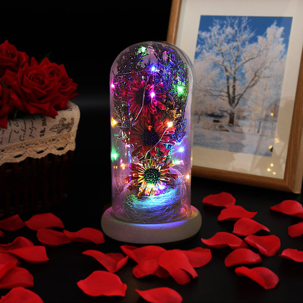 Konserverte blomster i glasskål, kunstig solsikke med LED-lys, Valentinsdag, morsdag, gave
