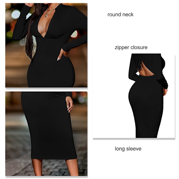 Zip Front Langærmet Bodycon Kjole Enfarvet Snøre Ryg Rund Hals Dame Kjole Sort XL