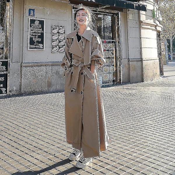 Oversized grå dobbeltknappet trenchcoat for kvinner