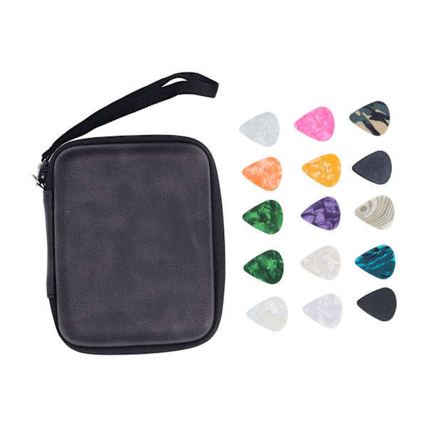 Guitar Pick Bag Set Celluloid Picks Förvaringsväska Hållare Fodral PU Läder för instrumenttillbehör Svart