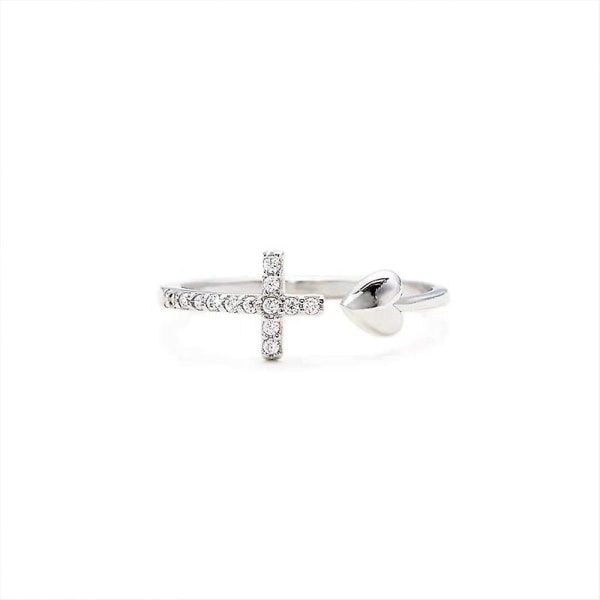 925 Sterling Sølv Cross Ring Til Kvinder Love Heart Åben Ring Justerbar Ring Forlovelsesring