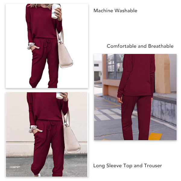 Dam 2-delad outfit Lös Stretchig Snygg långärmad tröja Byxa Höst Loungewear Pyjamasset Vinröd XL