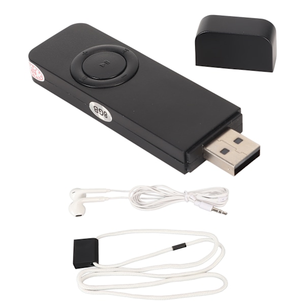 MP3-spiller med 8 GB minne, utvidbar til 64 GB med USB-minnepinne, støtter OTG, HiFi-lyd uten tap, slank og bærbar, svart