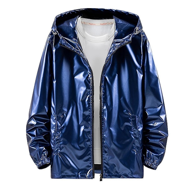 Shiny Blue Waterproof Hooded Jacket for Men in 3XL