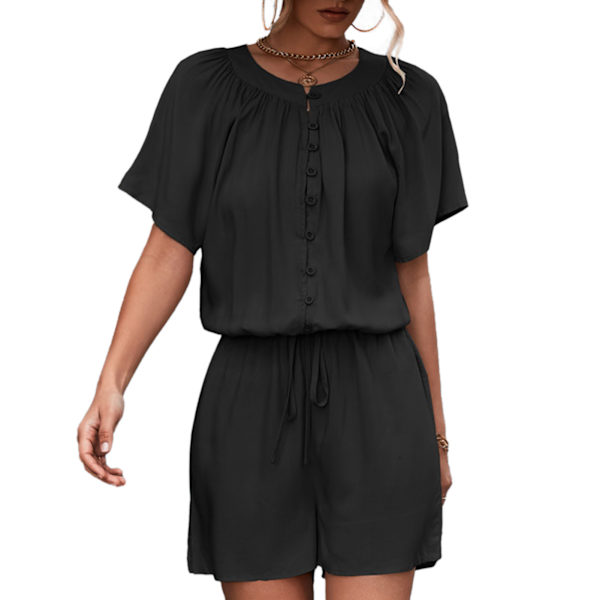 Knap-Top Kort Jumpsuit Snøre One Piece Bukser Casual Rund Hals Maskinvask til Kvinder Ferie Strand Sort L