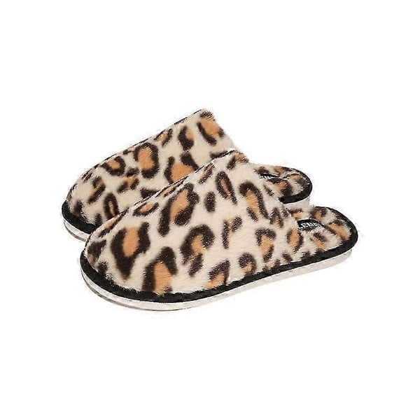 Leopardmönstrade päls tofflor hemma inomhus varma plysch bomull tofflor off white 38-39