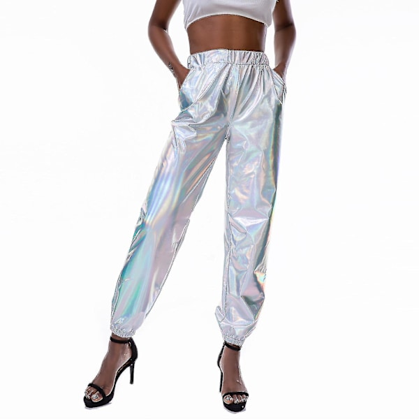 Kiiltävät valkoiset holografiset streetwear-klubihousut naisille
