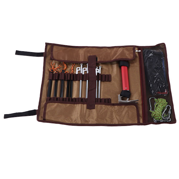 Oppbevaringspose for teltplugger til camping, teltplugger, spiker og hammerorganisator, etui med plugger, hammer og tilbehør