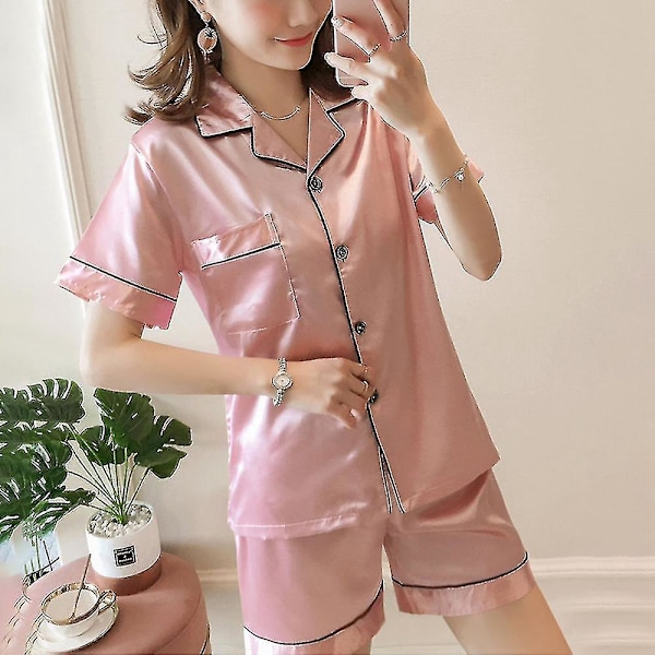 Women's Silk Satin Short Sleeve Pajamas Set, 2XL Pink