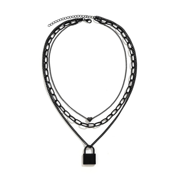 Halsband för kvinnor, Htoo Stacked Necklace Black Curb Chain Heart Grunge Layered Necklace, Estetiskt hänge, Multilayered Spiral