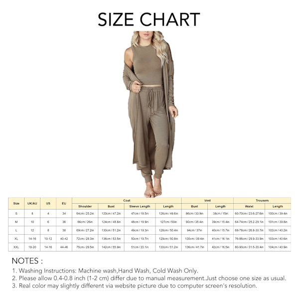 Kvinnor Pyjamas Set Höst Vinter Hem Kläder Set 3 delar Loungewear Set Väst Byxor Cardigan Set Khaki S