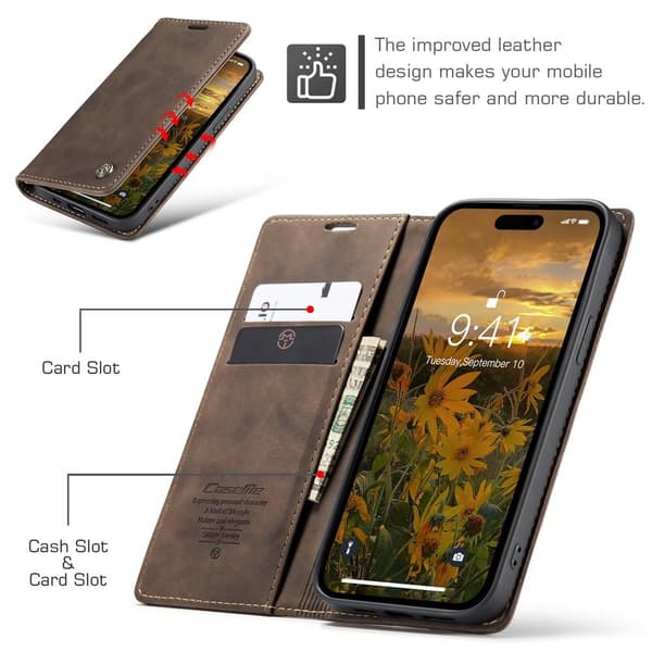 【NX】CASEME Plånboksfodral kompatibelt med iPhone 15 Pro Max - Kaffe Mörkbrun brown