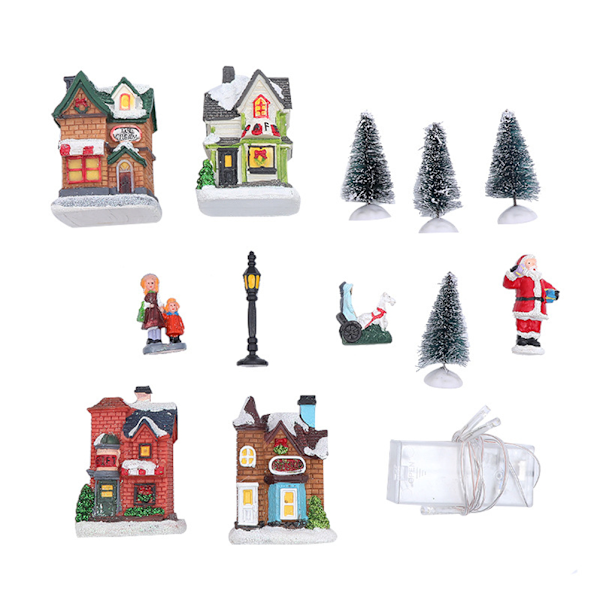 Julebysett Resin Julscen Village LED-opplyste miniatyrhus Town Christmas Village Houses Gave
