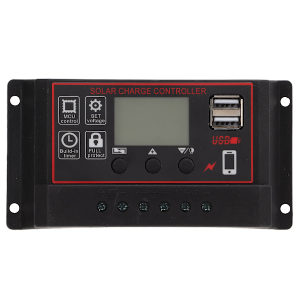 Solcelleladningsregulator Solcellepanel Batteri Intelligent Regulator med Dobbel USB-port 12V/24V PWM Automatisk Parameter Justerbar LCD-skjerm 10A