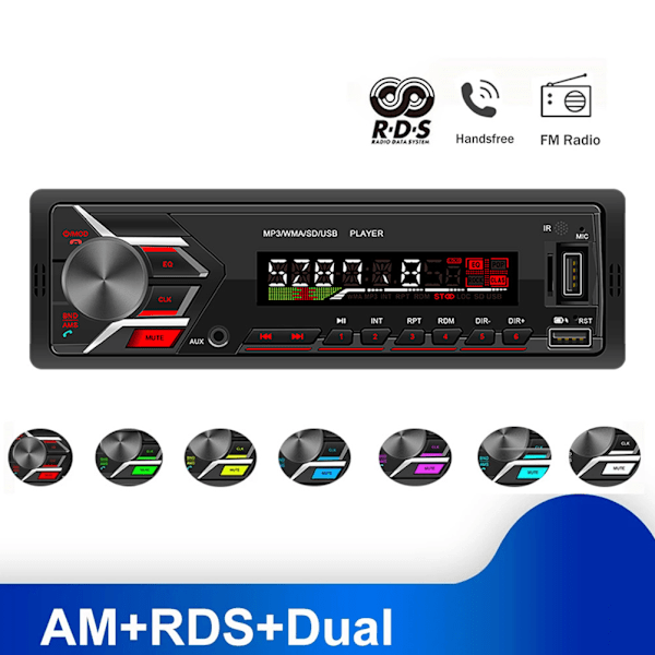 1 Din 12V Auton MP3-soitin Bluetooth-kaiutinvapaalla kädet -auton FM-radio Värikkäät valot Auton MP3-multimediasoitin