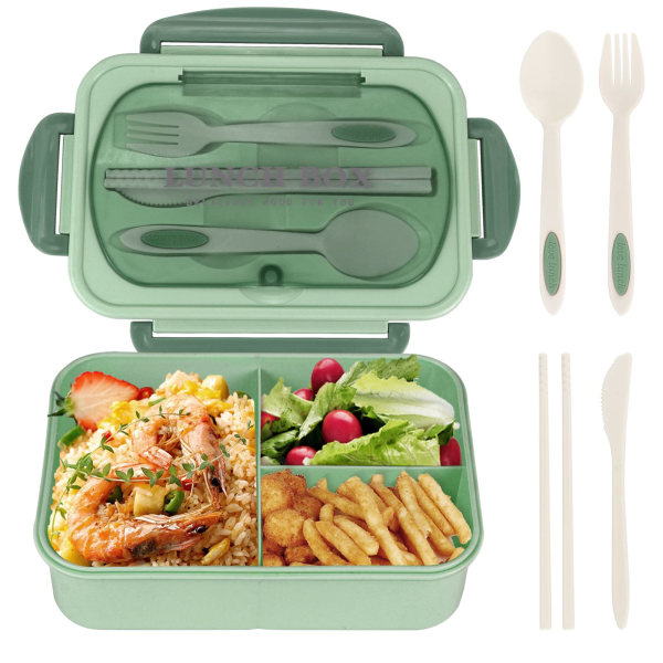 Lunsjlåda for voksne, 1200 ml Bento-låda for barn med 3 fack, läckagesäker Bento-lunchlåda med redskap, grønn