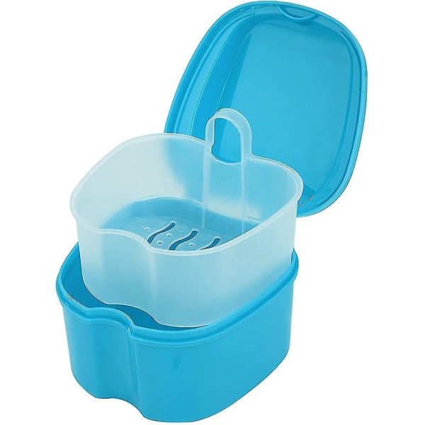 Proteseetui, Protese Bath Box Case Tannkjeveortopedisk holder, Falske tenner Oppbevaringsboks med sil Light blue