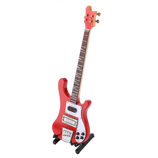 Röd miniatyr basgitarr replika med stativ och fodral Instrument Modell Ornament Julklapp