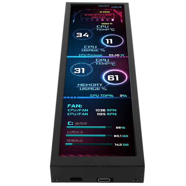 8,8 tuuman tietokoneen lämpötilanäyttö 1920x480 60Hz AIDA64 CPU GPU SSD-tietojen lämpötilanäyttö Raspberry Pi:lle Windowsille Musta