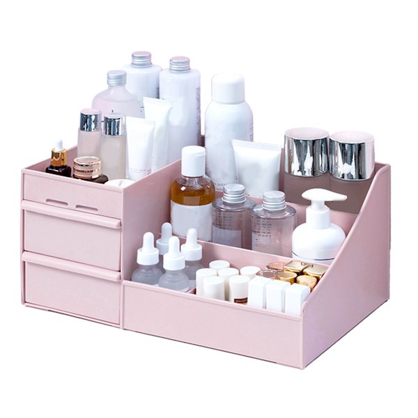 Kosmetisk opbevaringsboks Elegant multifunktionel bordsplade Makeup Organizer med skuffer til skolekunstforsyninger M Rosa