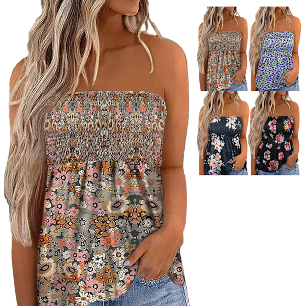 Naisten Rypytetty Tube-Topit Olkaimettomat Bandeau Pliseerattu Painettu Hihaton Slim Fit Liivi Tyyppi 1 M