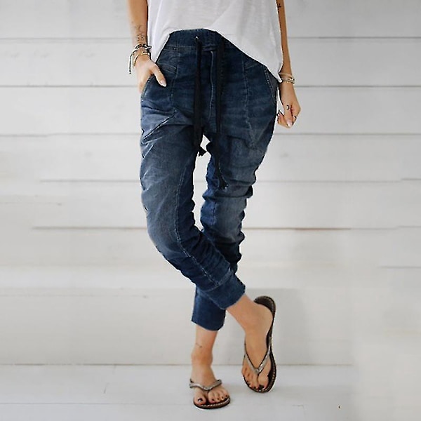 Elastisk midje denim harem bukser for kvinner, marineblå, størrelse M