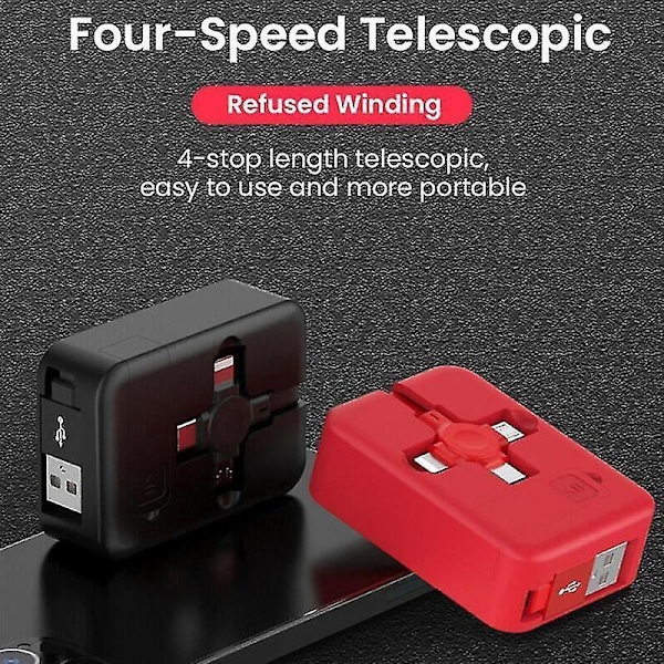 Sähköisesti sisäänvedettävä 4-in-1 USB-lataus- ja datakaapeli puhelintelineellä, Type C Micro USB, sininen