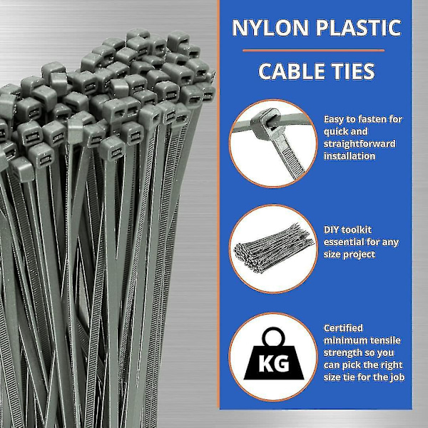 Silver Premium Nylon Zip Cable Ties, 370mm x 4.8mm, Pack of 100