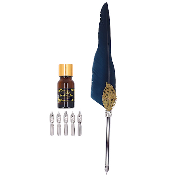 Quill Pen Set Utsökt fjäderdesign Retro ihålig kalligrafipenna med tom bläckflaska Metallspets SP101033 Marinblå