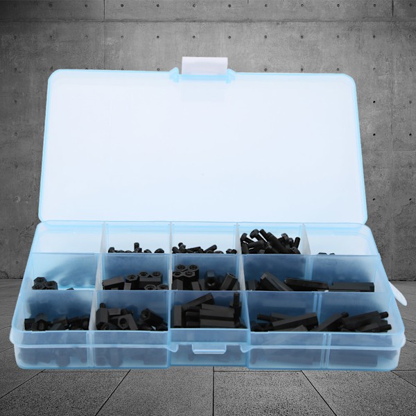 310 st kartong M3 Nylon Skruvmutter Bricka Hane Kvinna Standoff Sortiment Kit (svart)