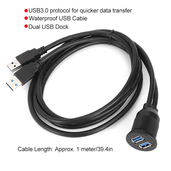 Dubbel USB3.0 Datakabel Instrumentbräda Flush Mount Panel Förlängningsledning Vattentät 1 meter/39.4 tum