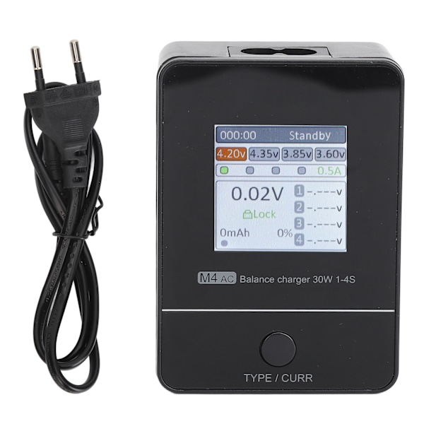 RC M4AC Balanceoplader med 1,54 tommer IPS-skærm AC 100‑240V Sort RC Lipo Batteri Balanceoplader til Lihv Life 1‑4S EU-stik XT30