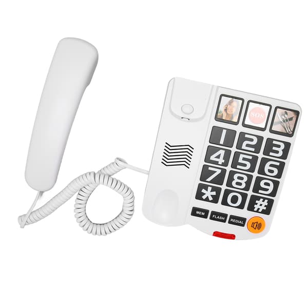 Telefon med store knapper, multifunksjon, ett-trykks oppringing, håndfri fasttelefon med høyttaler for eldre, hvit