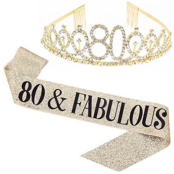 80-års fødselsdagsskjold og tiara til kvinder, guld 80-års fødselsdag krone kostume sæt Rhinestone fødselsdag krone
