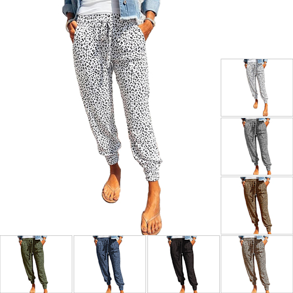 Damebukser Leopardprint Snørebukser Elastisk talje Løse Casual Loungebbukser med lommer Hvid L
