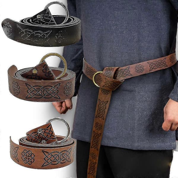 Middelalderpræget viking Vegvisir Pu-læder O-ringbælte Retro renæssanceridderbælte læderbælte til mænd Light Brown
