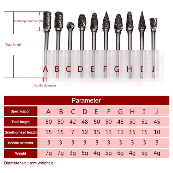 10 stk 1/8 tommer (3 mm) skaft Tungsten stålkarbid roterende filer Skæring grader Bits til træ metal skæring gravering slibning