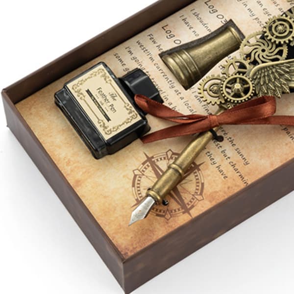 Fjerpen Seglvoks Stempel Sæt Retro Europæisk Stil Rustfrit Stål Nib Fjerpen og Blæk Sæt Sort