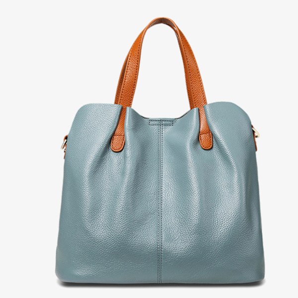 Blå Linne Läder Högkapacitets Tote Bag Kontrastfärg Övre Skikt Kvinnors Messenger Bag Flax blue About 33*15*25cm